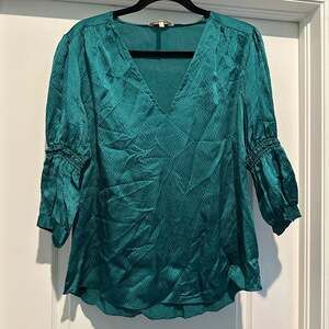 Rebecca Taylor Teal Blue Satin Silk V-Neck Cinched-Sleeve Top